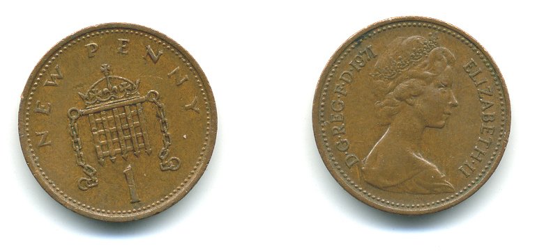 Великобритания 1 пенни 1971 Елизавета II (1952-2022) KM 915, Spink 4237 (B1) бронза 540-218