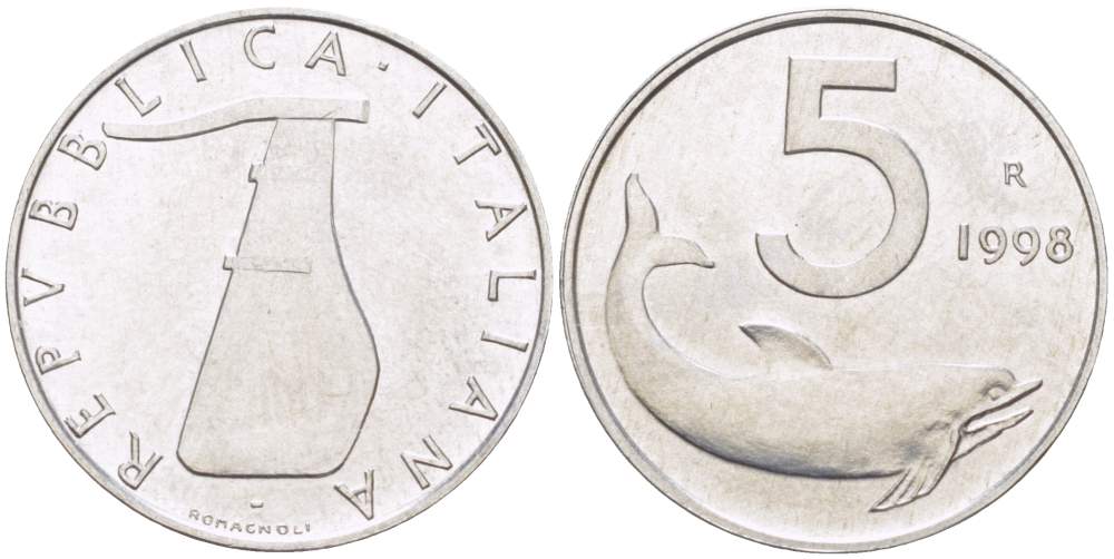 ИТАЛИЯ 5 ЛИР 1998 R, ДЕЛЬФИН, РУЛЬ KM 92 алюминий 4513-226