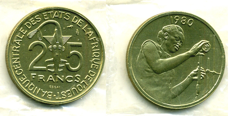 Западно-Африканские штаты 25 франков 1980 пробник, ESSAI, в оригинальной упаковке КМ E9 алюминиевая бронза бронза UNC 5010-311