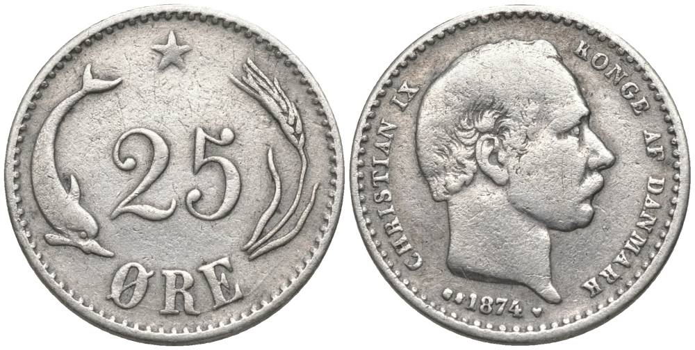 Дания 25 эре 1874 Кристиан IX (1863-1906) KM 796.1 серебро 4549-1151