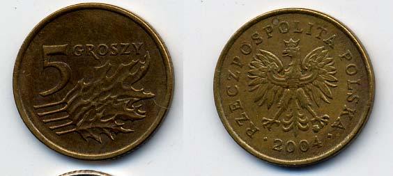 Польша 5 грошей 2004 MW KM 278, Parchimowicz 703k латунь 58-1222