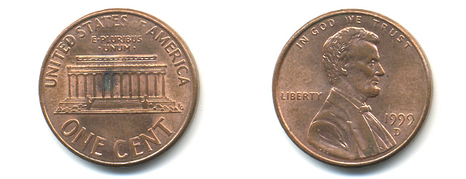 США 1 цент 1999 D, Авраам Линкольн KM 201b цинк плакированный медью 86-353