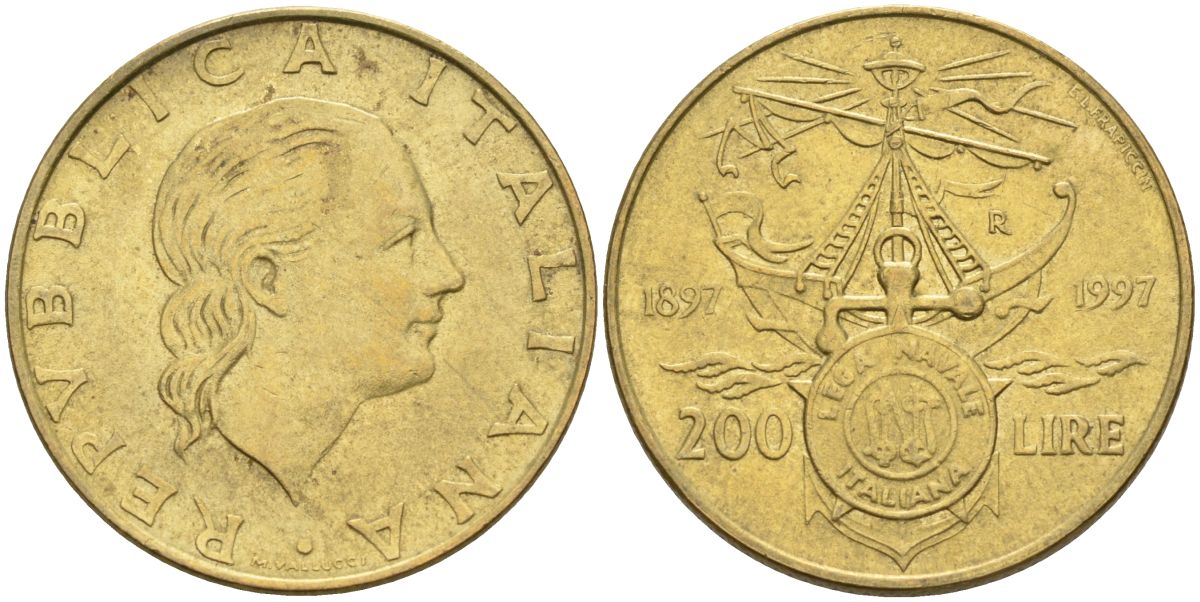 Италия 200 лир 1997 R, 100 лет Итальянской морской лиги (1897-1997) KM 186 алюминиевая бронза 4126-134