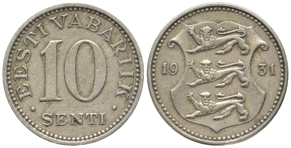 Эстония 10 центов 1931 Республика (1928-1940) KM 12 никель бронза 100-829