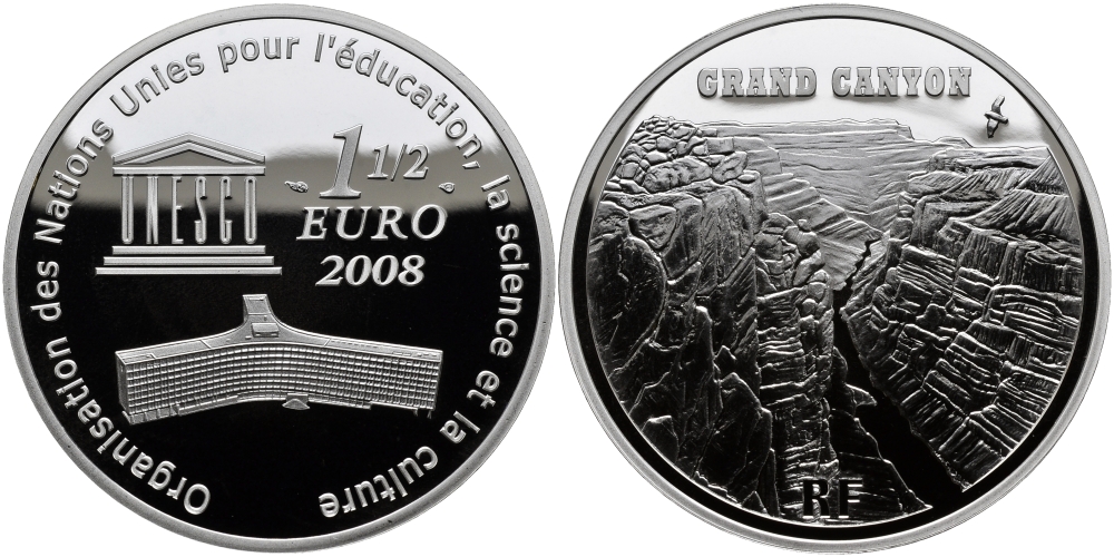 Франция 1 1/2 евро 2008 всемирное наследие ЮНЕСКО, Гранд каньон KM 1574 серебро PROOF 1095-3-32