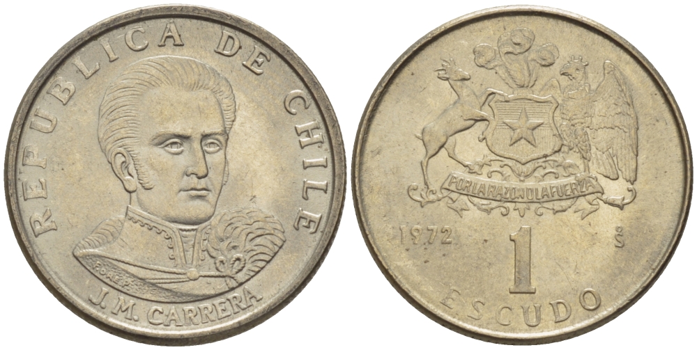 Чили 1 эскудо 1972 Хосе Мигель Каррера KM 197 медно-никель 4387-352