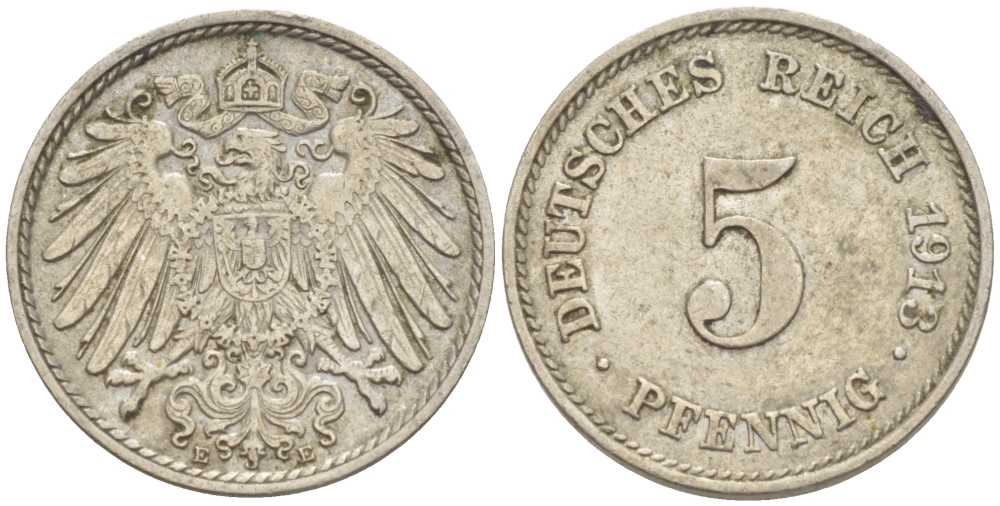 ГЕРМАНИЯ 5 ПФЕННИГОВ 1913 E KM 11, J. 12 медно-никель 206-1234