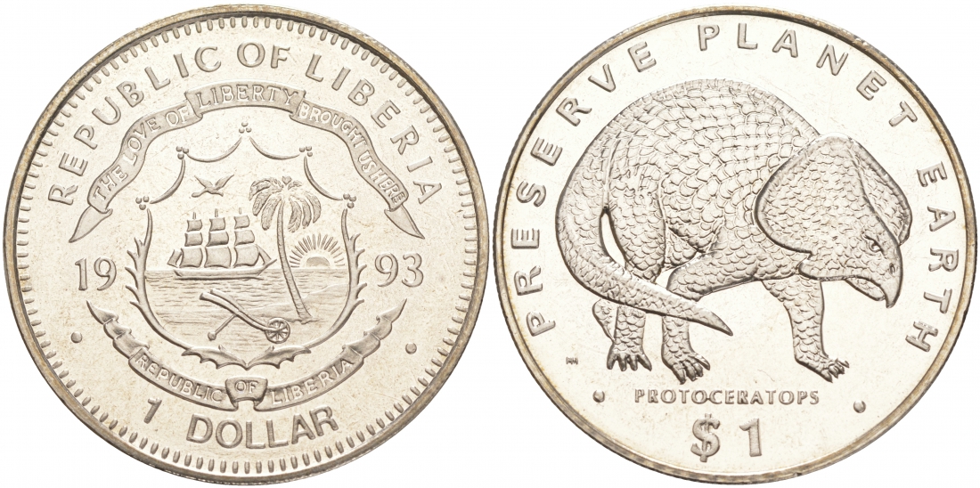 Либерия 1 доллар 1993 серия динозавры, протоцератопс KM 98 медно-никель UNC M20-4