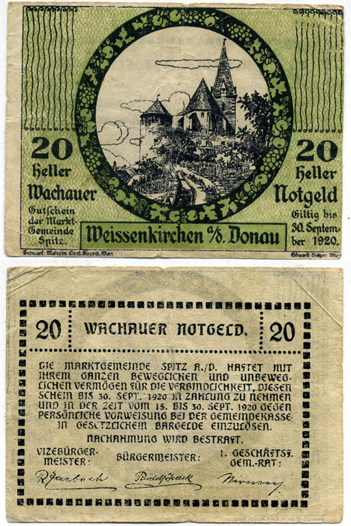 ВАЧАУЕР, АВСТРИЯ 20 ГЕЛЛЕРОВ 1920 КОММУНА ВАЙЗЕНКИРХЕ В ДОХАУ, НОТГЕЛЬД, 30 СЕНТЯБРЯ 1920 бумага 445-49-1-2