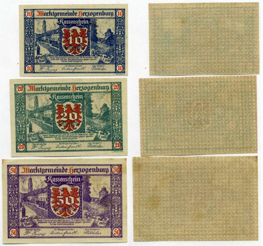 Австрия, Херцогенбург набор из 3 банкнот 10, 20, 50 геллеров 1920 31 декабря 1920, нотгельд, земля Нижняя Австрия   бумага  аUNC  7555-26-2-2