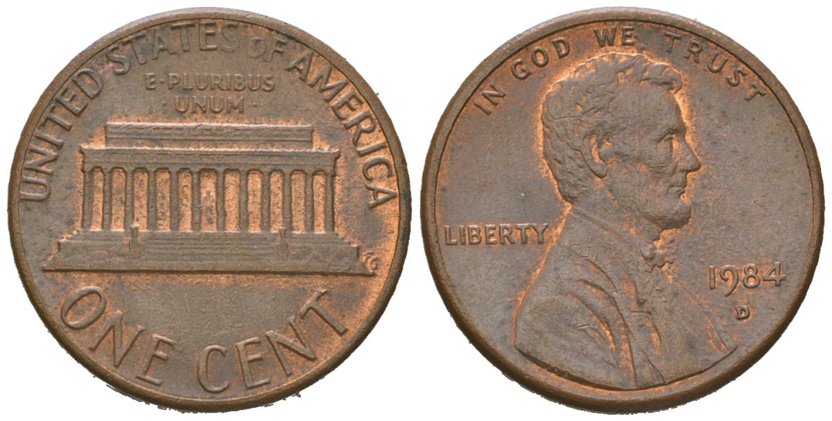 США 1 цент 1984 D KM 201b цинк плакированная медью 4580-715