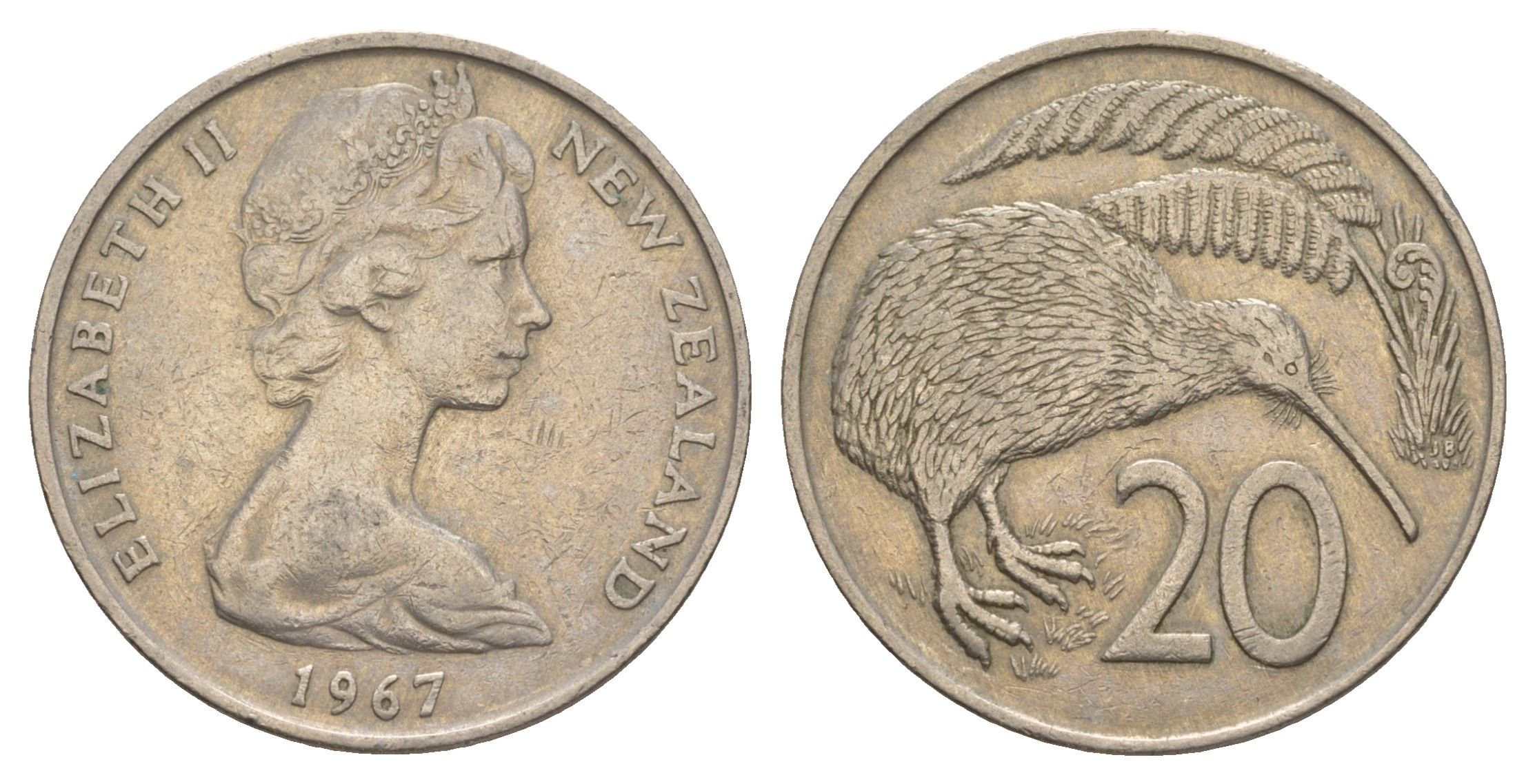 Новая Зеландия 20 центов 1967 Елизавета II (1952-2022), птичка киви KM 36.1 медно-никель 4182-624