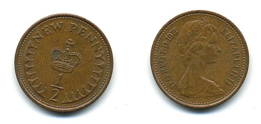 Великобритания 1/2 пенни 1971 Елизавета II (1952-2022) КМ 914, Spink 4239 бронза 4110-1645