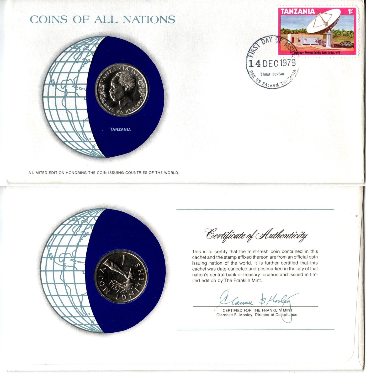 Танзания 1 шиллинг 1980 конверт с маркой первого дня гашения, Coins of Nations KM 4 медно никель UNC 4295-18-1