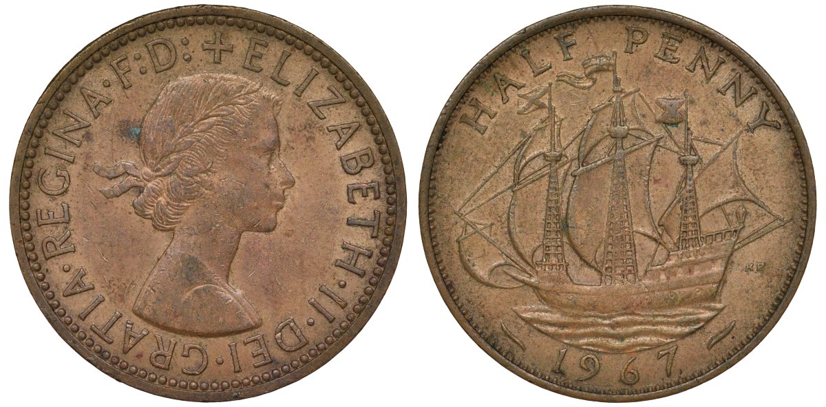 Великобритания 1/2 пенни 1967 Елизавета II (1952-2022) KM 896, Spink 4158 бронза 72-356