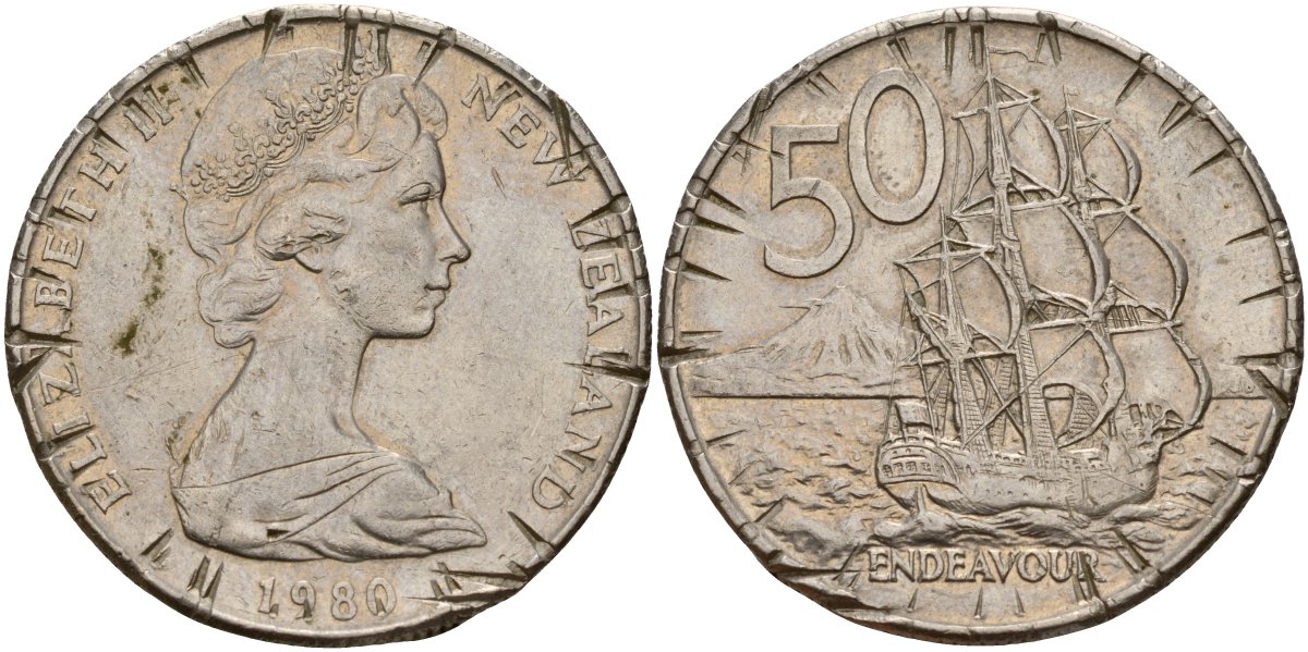 Новая Зеландия 50 центов 1980 Елизавета II (1952-2022), парусник Индевор KM 37.1 медно-никель 189-442
