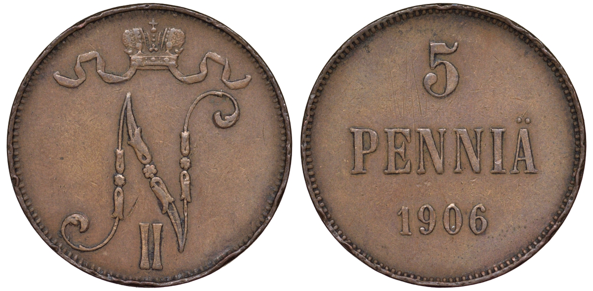 Россия для Финляндии 5 пенни 1906 Биткин 447 медь 53-814