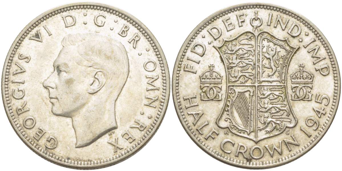Великобритания 1/2 кроны 1945 Георг VI (1936-1952) KM 856, Spink 4080 серебро 00-00