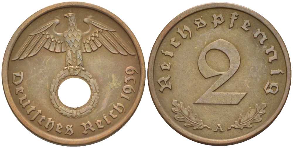 ГЕРМАНИЯ 2 РЕЙХСПФЕННИГА 1939 A KM 90, J. 362 бронза 261-933