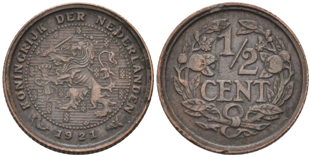 Нидерланды 1/2 цента 1921 Вильгельмина (1890-1948) KM 138 бронза 1528-323