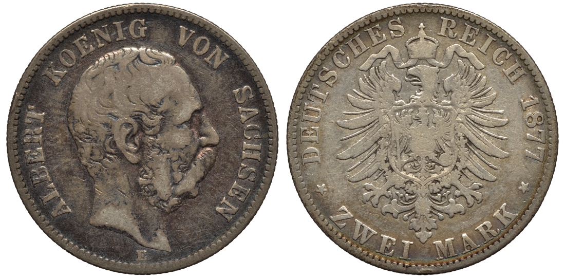 Саксония 2 марки 1877 Е, Альберт (1873-1902) Weege 1231, J. 121, KM 1238 серебро 02-119-27