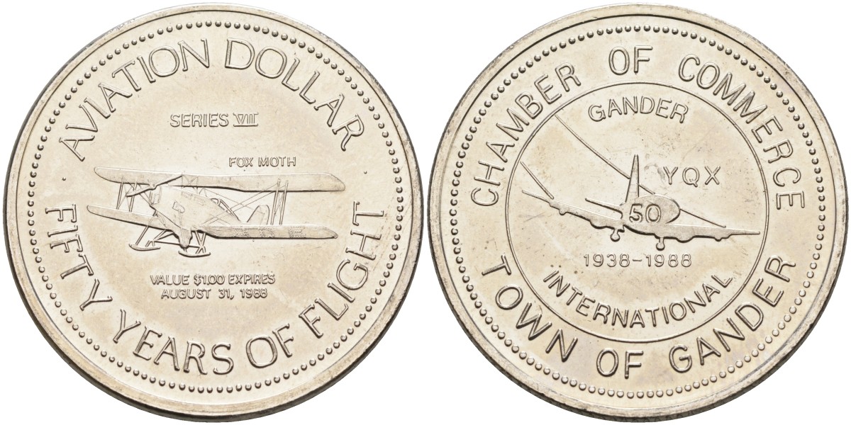 Канада, Гандер жетон 1988 1 авиационный доллар, Fox Moth никель 4590-825