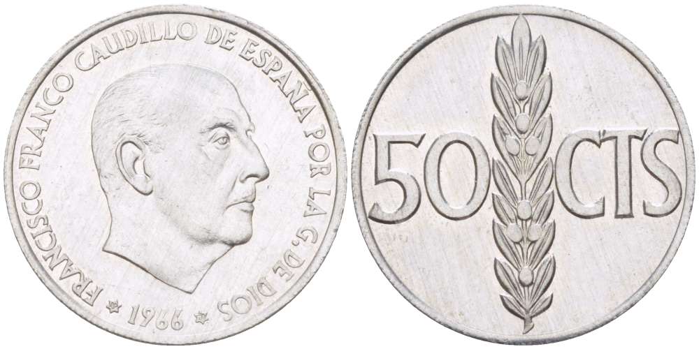 ИСПАНИЯ 50 СЕНТИМО 1966 (71) ФРАНСИСКО ФРАНКО ДИКТАТОР ИСПАНИИ (1939- 1975) KM 795 алюминий 4519-911