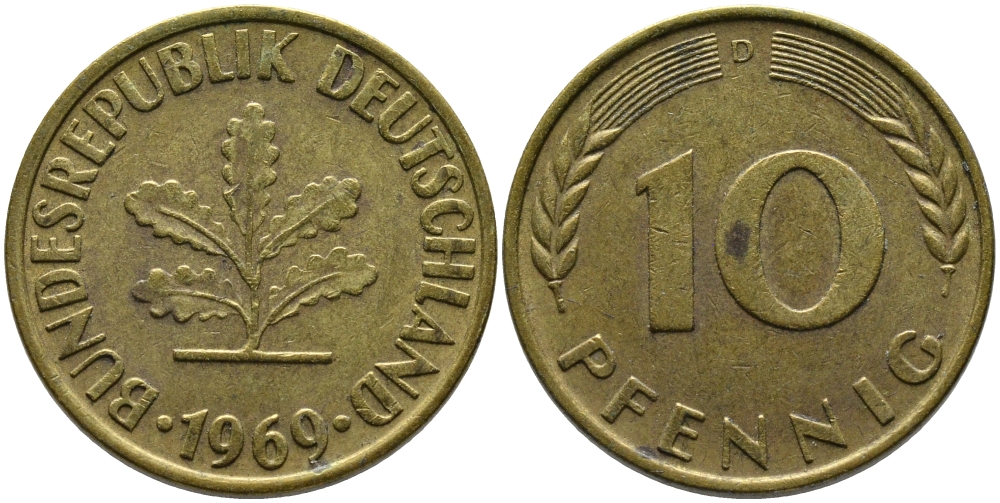 ФРГ 10 ПФЕННИГОВ 1969 D KM 108, J. 383 сталь плакированная латунью 98-425