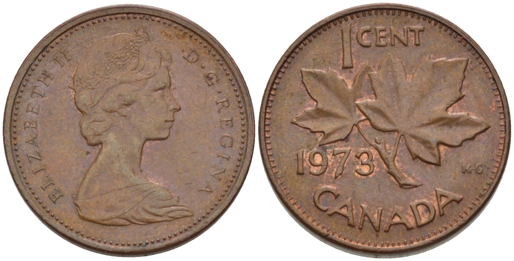 Канада 1 цент 1973 Елизавета II (1952-2022), кленовый лист KM 59.1 бронза 96-1139