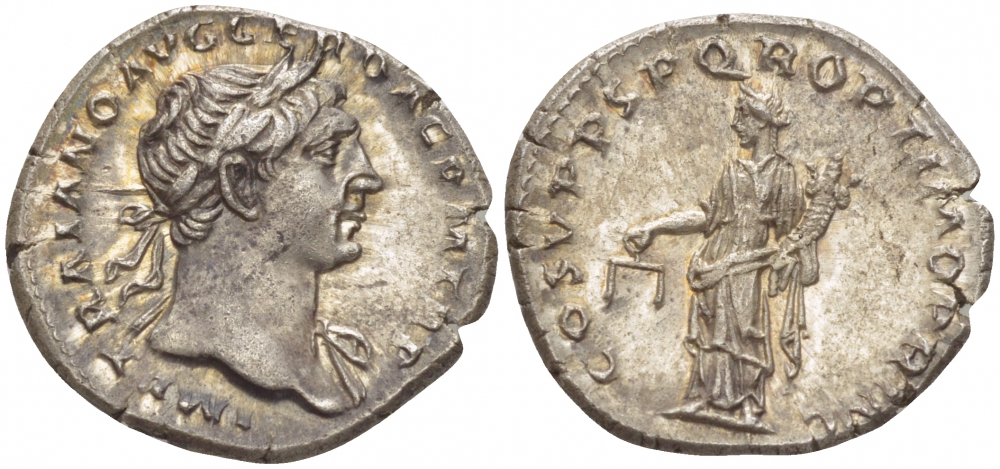 Римская Империя денарий 107 - 111 Траян, IMP TRAIANO AVG GER DAC P M TR P, голова императора в лавровом венке / COS V P P SPQR OPTIMO PRINC, Эквитата, персонификация Равенства, Рим, 3,26 гр, Extremely fine RIC 119 серебро 00-000-00