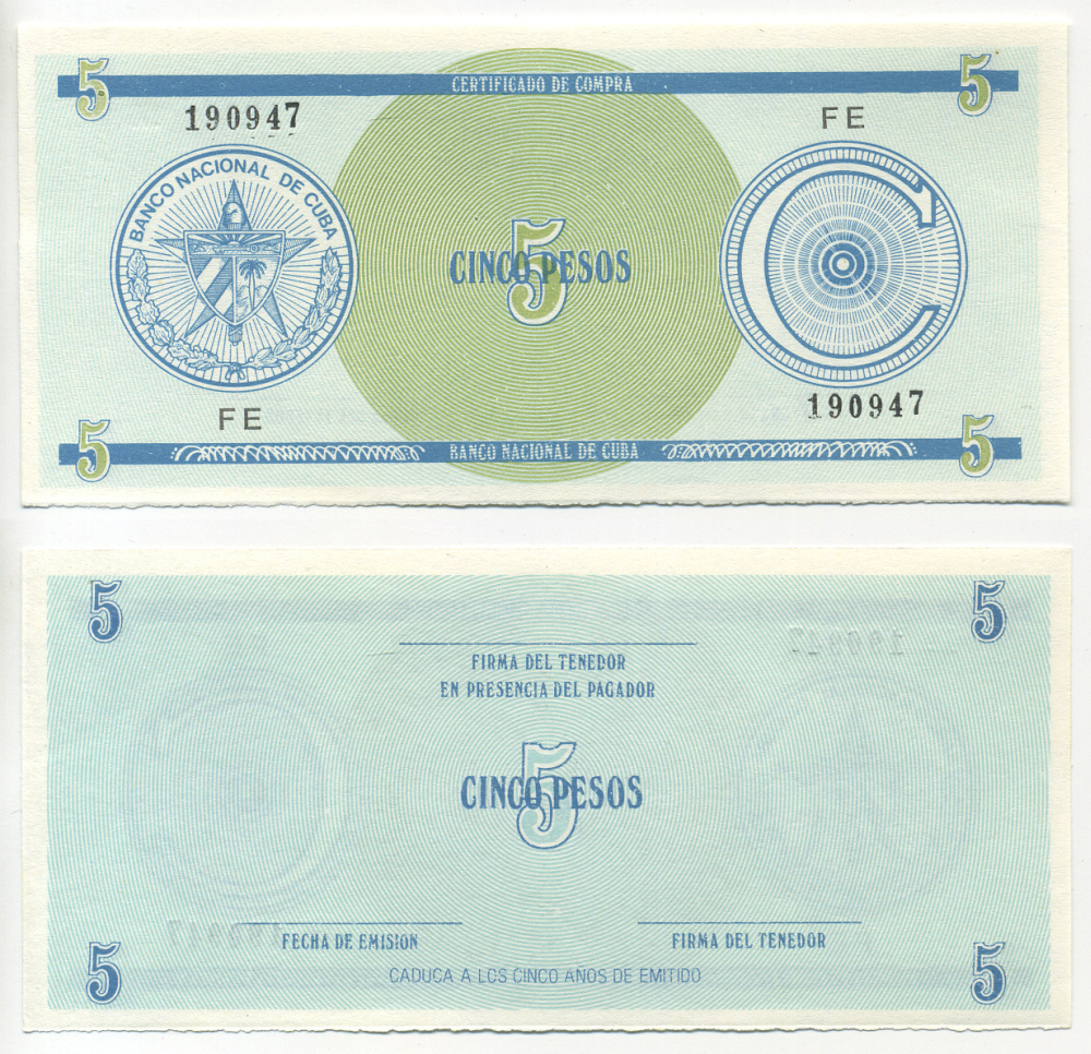 Куба, валютный сертификат 5 песо ND серия C, первый выпуск, голубая, черная серия Pick FX 13 (1) бумага UNC (пресс) 448-19-2