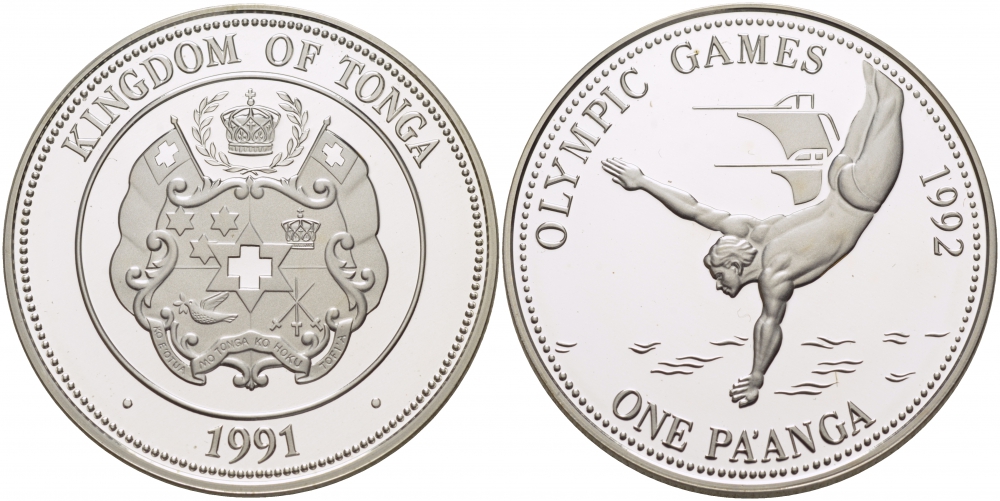 Тонга 1 паанга 1991 XXV летние Олимпийские игры в Барселоне 1992 года, прыжки с трамплина в воду KM 140 PROOF 11-101-23