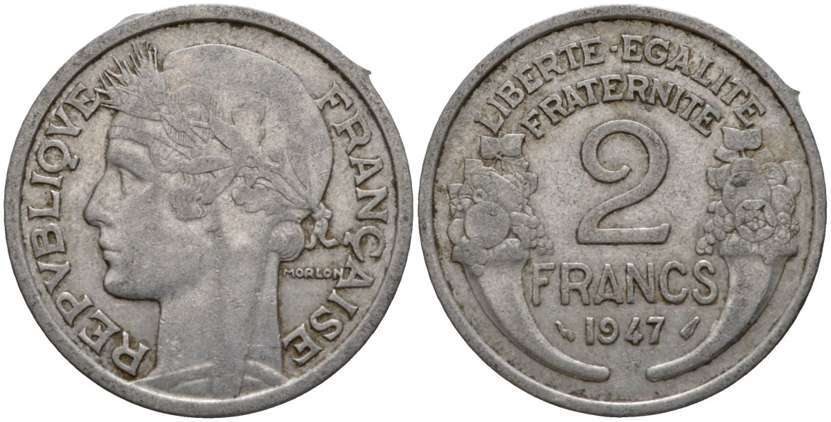 Франция 2 франка 1947 KM 886a алюминий 4599-335