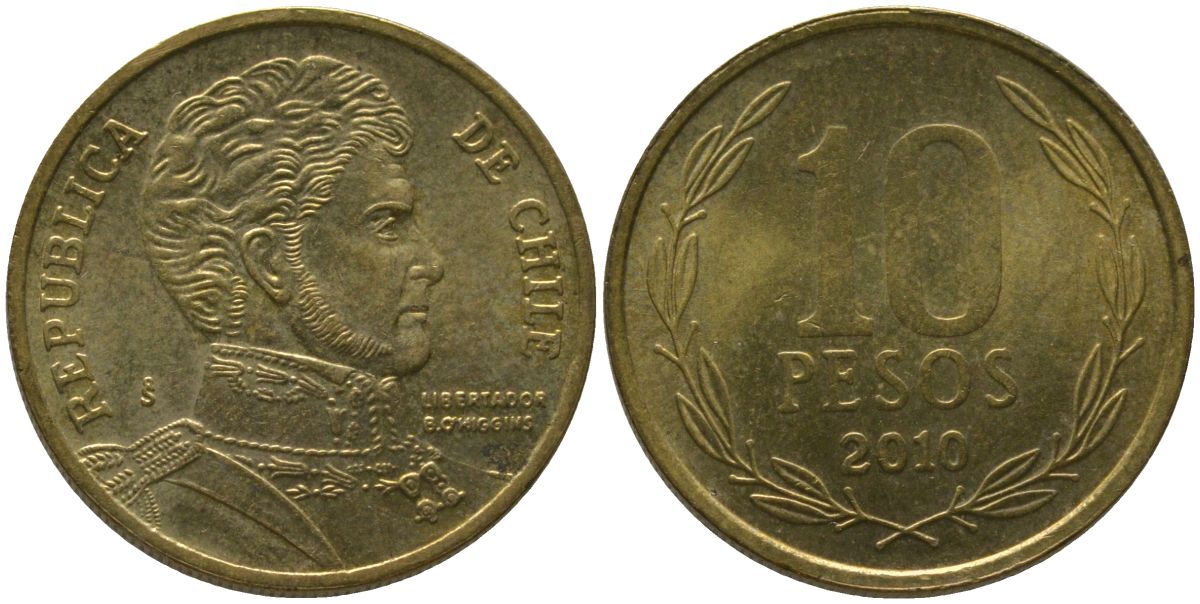 Чили 10 песо 2010 So KM 228.2, Schon 82 алюминиевая бронза 4544-853