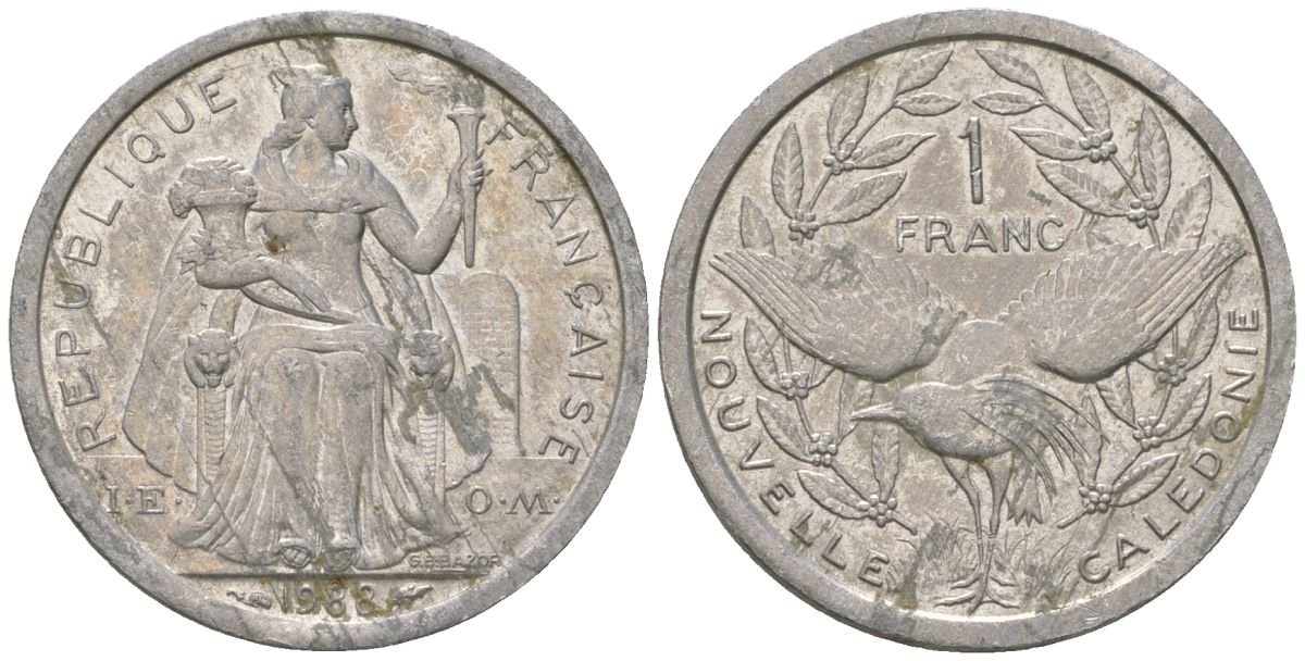 Французская Новая Каледония 1 франк 1988 птица кагу, (IEOM) KM 10, Schoen 10, Lec 48 алюминий 51-5127