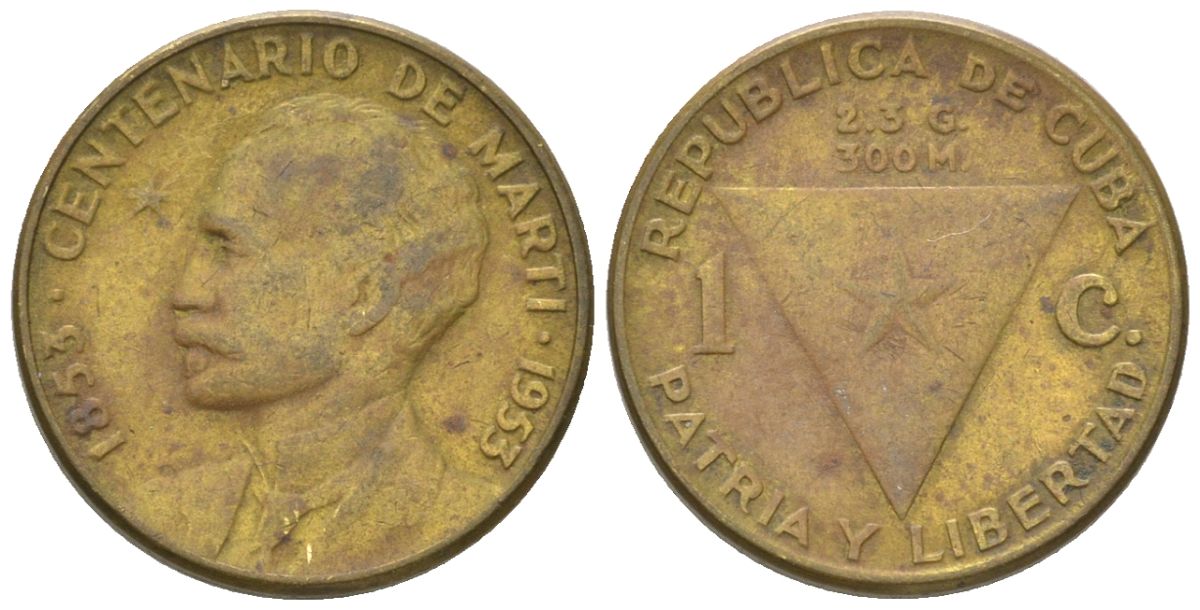 Куба 1 сентаво 1953 100 лет со дня рождения Хосе Марти KM 26, JMA 7, Y 20, Schoen 24 латунь 4611-619