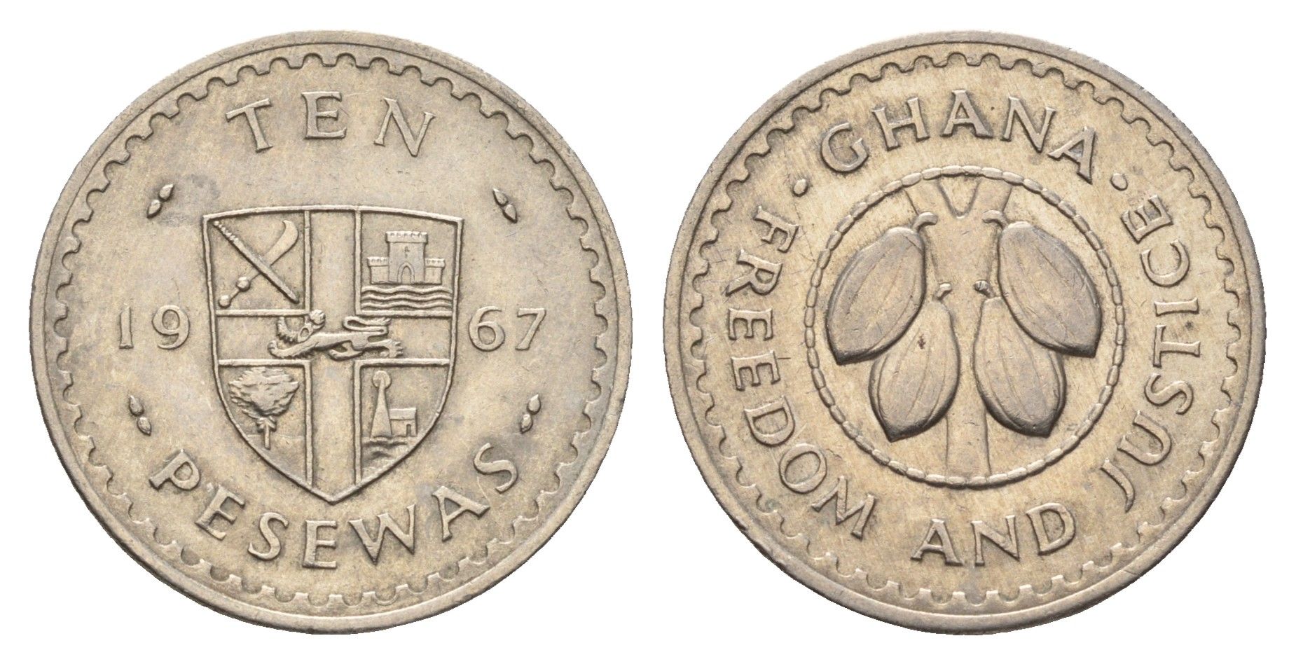 Гана 10 песев 1967 KM 16 медно-никель UNC 92-833