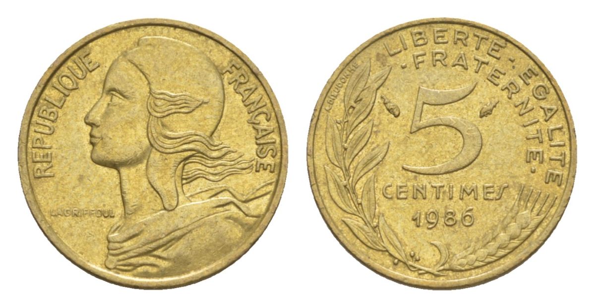 Франция 5 сантимов 1986 тип Morlon KM 933, Le Franc 125.22 алюминиевая бронза 4630-342