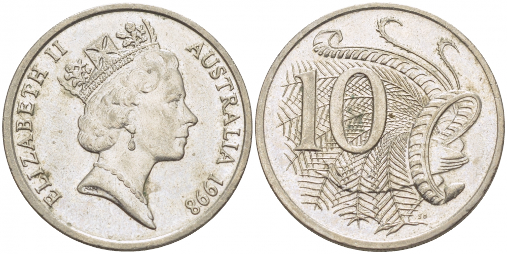 Австралия 10 центов 1998 Елизавета II (1952-), птица лирахвост KM 81 медно-никель 3457-656