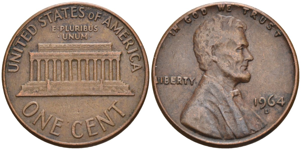 США 1 цент 1964 D, Линкольн KM 201 медь цинк 4115-835