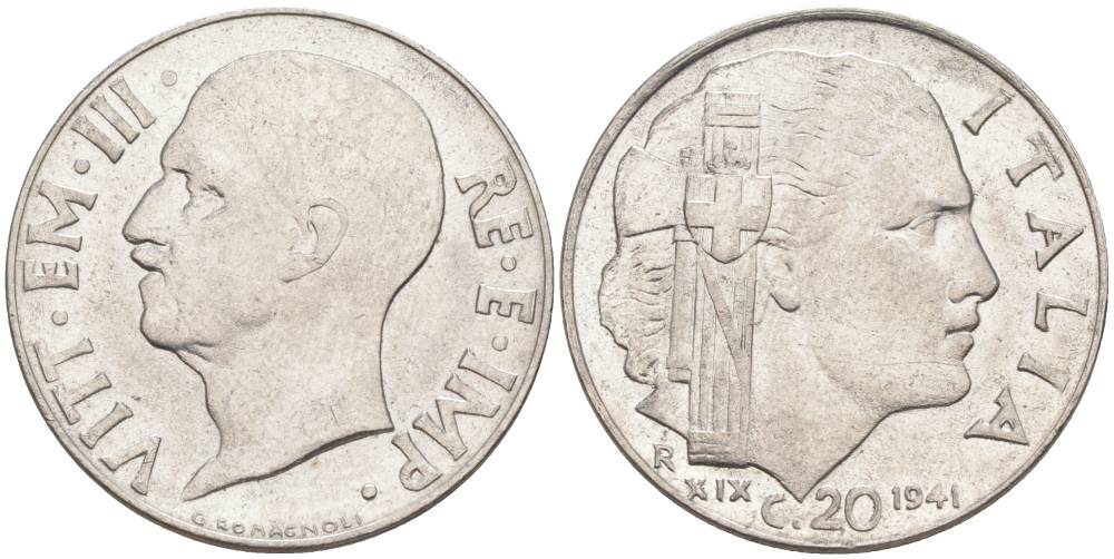 ИТАЛИЯ 20 ЧЕНТЕЗИМО 1941 R, ГОД XIX, ВИКТОР ЭММАНУИЛ III (1900-1946) KM 75b, VEM3. 1028 нержавеющая сталь 3853-951