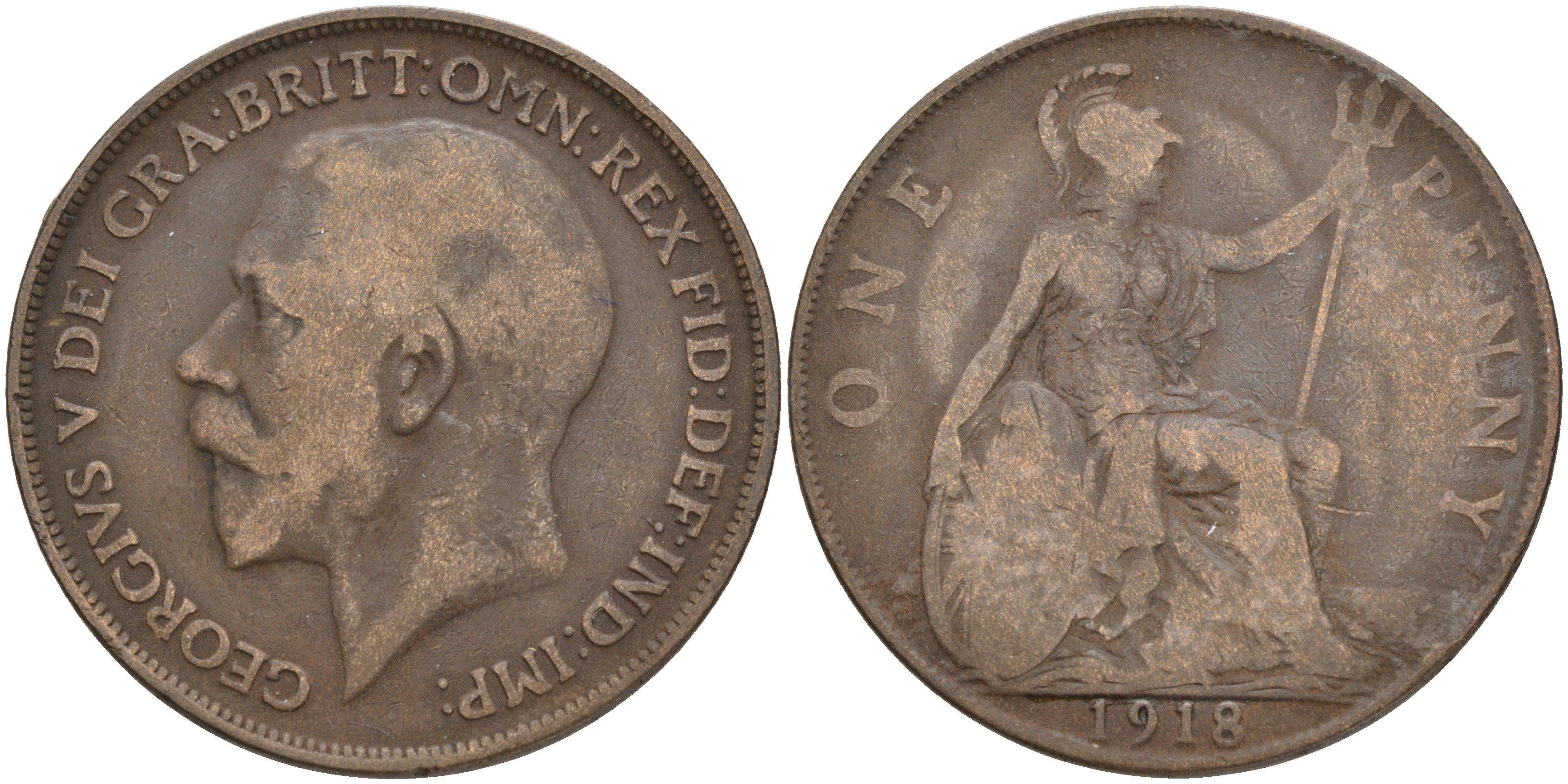 Великобритания 1 пенни 1918 Георг V (1910-1936) КМ 810, Spink 4051 бронза 4557-946