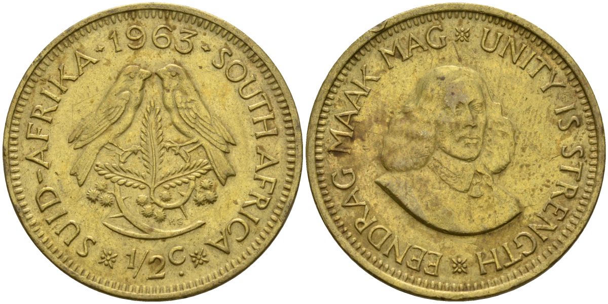 ЮАР 1/2 цента 1963 Ян Ван Рибек (1619-1677), голландский исследователь, мореплаватель, основатель Г. Кейптауна, две птички на ветке с ягодами KM 56 латунь 4135-343