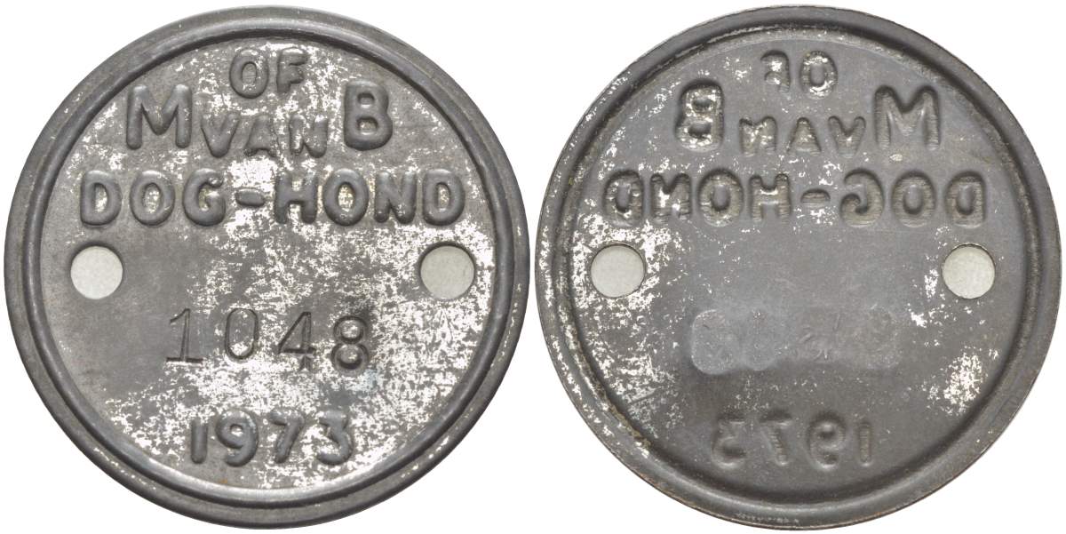 НИДЕРЛАНДЫ СОБАЧИЙ ЖЕТОН 1973 OF VAN DOG-HONG, №1048, ЖЕТОН ОБ УПЛАТЕ ГОДОВОГО НАЛОГА С ВЛАДЕЛЬЦЕВ СОБАК сталь 4517-1141