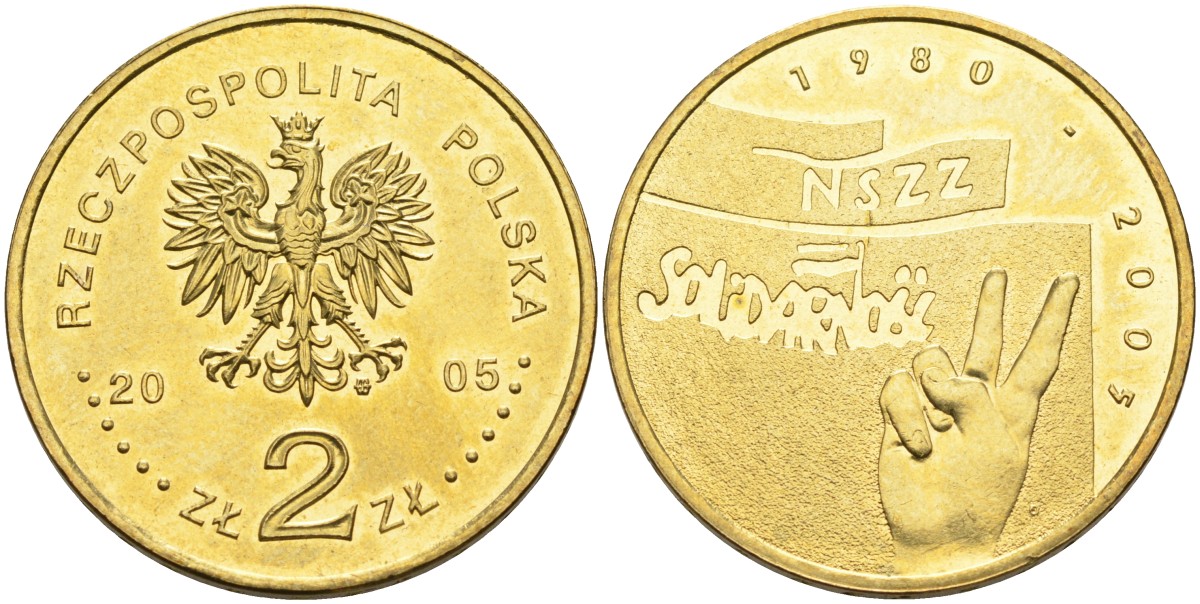 Польша 2 злотых 2005 MW, 25 лет независимому профсоюзу "Солидарность" KM 565, Parchimowicz 954 латунь 4586-1111