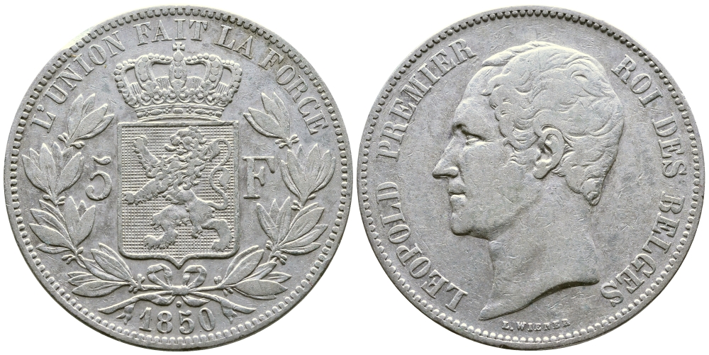Бельгия 5 франков 1850 Леопольд I (1831-1865), точка над датой KM 17 серебро 74-1124