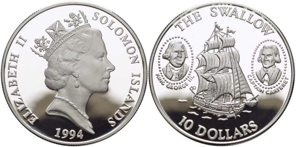 Соломоновы острова 10 долларов 1994 парусник, HMS Swallow, Филипп Картерет, король Георг III KM 52 серебро PROOF 00-00