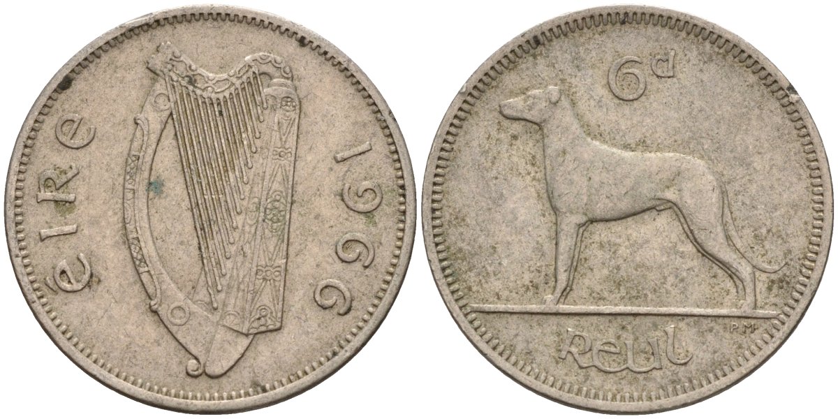 Ирландия 6 пенсов 1966 ирландский волкодав KM 13a медно-никель 4146-455
