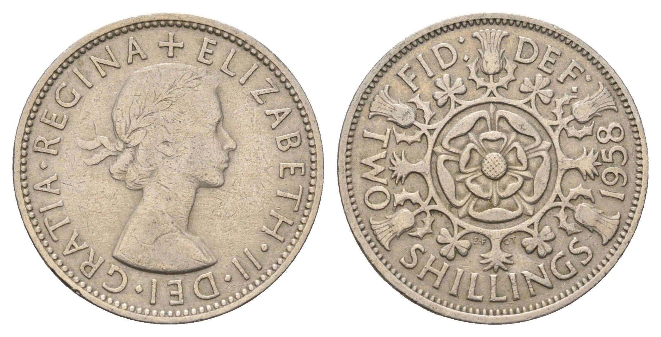 Великобритания 2 шиллинга (флорин) 1958 Елизавета II (1952-2022) KM 906, Spink 4146 медно-никель 4137-114