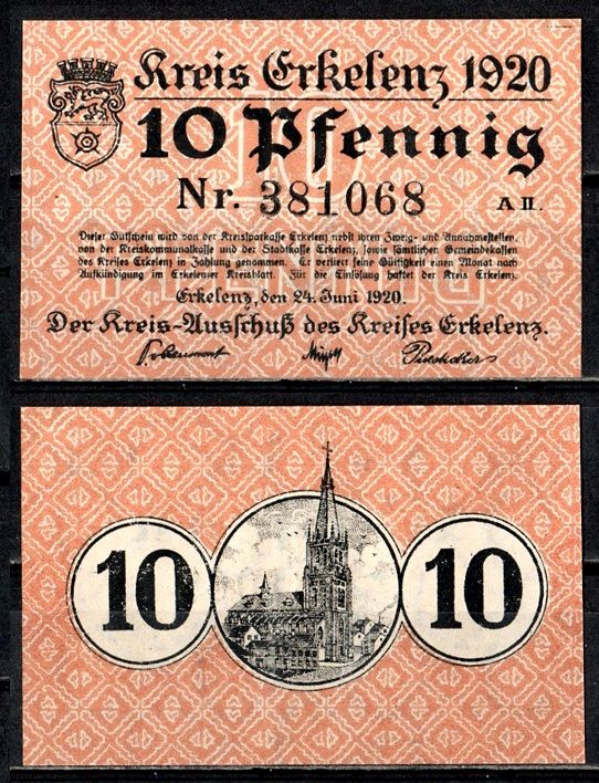 Эркеленц (Пруссия, Рейн) 10 пфеннигов 1920 Mehl Grabowski E24.10a бумага UNC (пресс) 7555-58-2-2